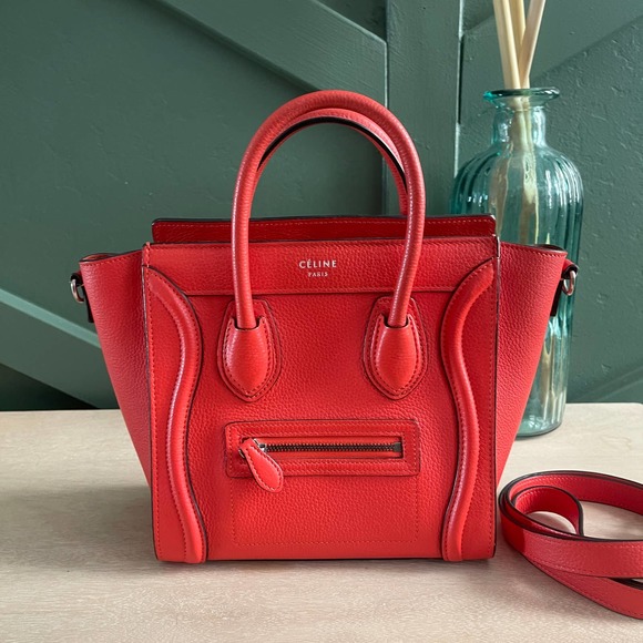 Celine Handbags - CELINE  Nano Luggage Red Orange Grained Calfskin Crossbody Bag